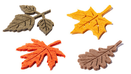 Set of beautiful autumn leaves red, yellow, dark green and grey colors from felt isolated on white background