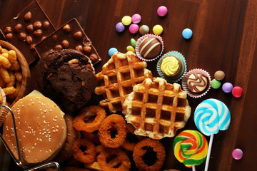 Unhealthy products. food bad for figure, skin, heart and teeth.