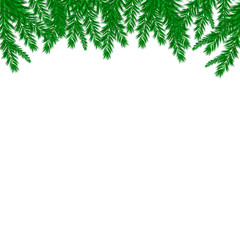 Naklejka na ściany i meble Banner with vector christmas tree branches and space for text. Realistic fir-tree border, frame isolated on white. Great for christmas cards, banners, flyers, party posters, headers