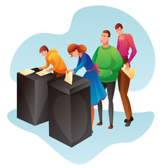 Woman and man putting ballot in voting box illustration