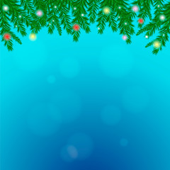 Fototapeta na wymiar Frame of fir branches with colorful balls on a blue background with highlights. New Year and Christmas background for banner, flyer, invitation.