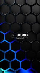 Vertical hexagon background. Gradient color light pattern with dark background technology style. Honeycomb. Vector illustration of light.