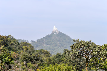 Fototapeta premium Shikharji Temple, the holiest Jain Teerths, on top of Parasnath Hill peak in Parasnath Range. The white pagoda style temple is located on the mountaintop surrounded by trees in jungle with mist on top