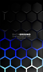 Vertical hexagon background. Gradient color light pattern with dark background technology style. Honeycomb. Vector illustration of light.