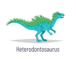 Heterodontosaurus. Ornithischian dinosaur. Colorful vector illustration of prehistoric creature heterodontosaurus in hand drawn flat style isolated on white background. Fossil dinosaur.