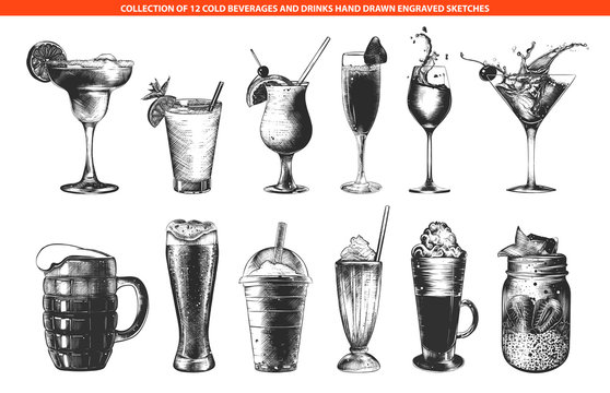 Vector engraved style cold beverages and cocktails collection for posters, decoration and menu, logo. Hand drawn monochrome sketches isolated on white background. Detailed vintage woodcut drawing.