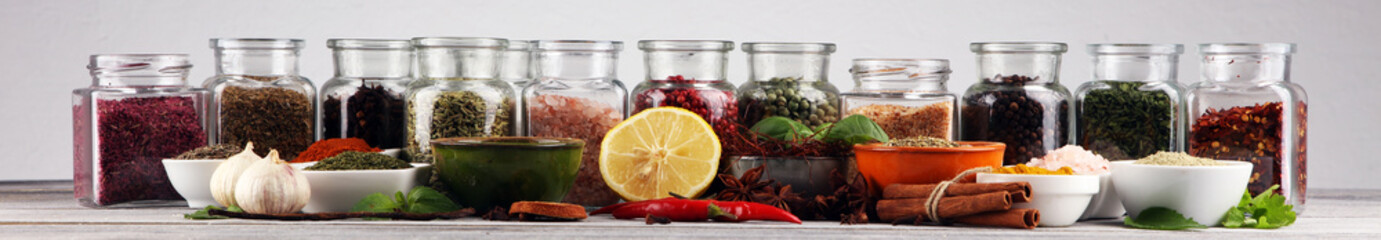 Spices and herbs on table. Food and cuisine ingredients with pepper