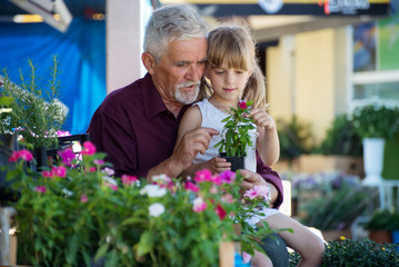 Girl and grandfather sold flowers at the green  market