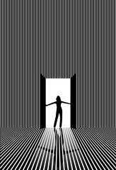 The woman is in the doorway. Vector line art.