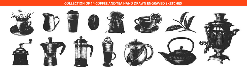 Vector engraved style hot coffee and tea collection for posters, decoration and menu, logo. Hand drawn sketches of monochrome isolated on white background. Detailed vintage woodcut style drawing.