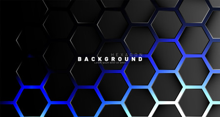 Abstract black hexagon pattern on blue neon background technology style. Honeycomb. Vector illustration