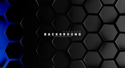 Abstract black hexagon pattern on blue neon background technology style. Honeycomb. Vector illustration