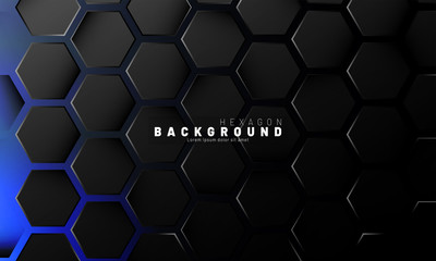 Abstract black hexagon pattern on blue neon background technology style. Honeycomb. Vector illustration