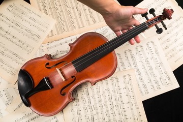Fototapeta na wymiar Hand Holding Violin On Music Sheets Close-up