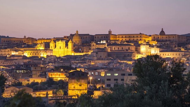 Panoramic view of the Baroque old town of Noto, in the light of sunset, in Sicily Italy.