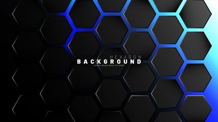 Abstract black hexagon pattern on blue neon background technology style. Honeycomb. Vector illustration