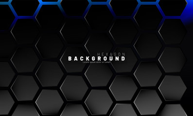 Abstract black hexagon pattern on blue neon background technology style. Honeycomb. Vector illustration