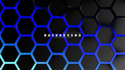 Abstract black hexagon pattern on blue neon background technology style. Honeycomb. Vector illustration