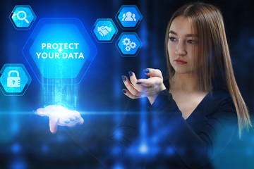 The concept of business, technology, the Internet and the network. A young entrepreneur working on a virtual screen of the future and sees the inscription: Protect your data