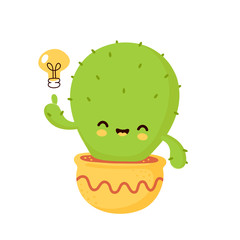 Cute happy smiling cactus in pot with light bulb