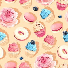 Seamless pastel vector high detail cupcake pattern