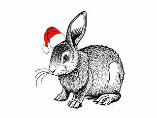 Graphical bunny in Santa Claus hat isolated on white, vector new year illustration © Алексей Воробьёв