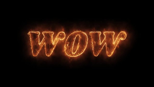WOW Word Hot Animated Burning Realistic Fire Flame and Smoke Seamlessly loop Animation on Isolated Black Background. Fire Word, Fire Text, Flame word, Flame Text, Burning Word, Burning Text.