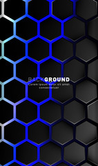 Vertical hexagon background. Gradient color light pattern with dark background technology style. Honeycomb. Vector illustration of light.