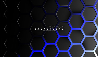 Abstract black hexagon pattern on blue neon background technology style. Honeycomb. Vector illustration