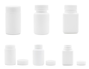 Set of white plastic medicine bottles isolated on white back ground, medical and drug concept.