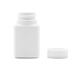 Opened white plastic medicine bottle isolated on white with clipping path.