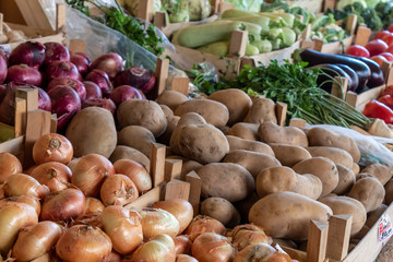 Stand on Small Serbian Farmers Market With Onion, Marrow Squash, Potatoes, Eggplant
