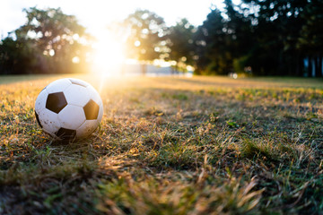 Soccer Ball in Grassy Field at Sunset