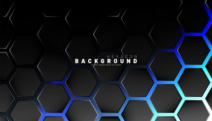 Abstract black hexagon pattern on blue neon background technology style. Honeycomb. Vector illustration