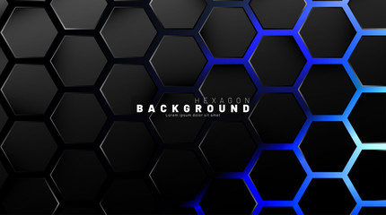 Abstract black hexagon pattern on blue neon background technology style. Honeycomb. Vector illustration
