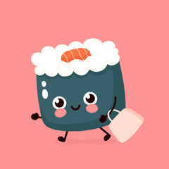 Cute happy smiling sushi,roll run with bag
