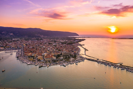 Lefkas (Lefkada) town, amazing view at the small marina for the fishing boats with the nice wooden bridge and promenade, Ionian island, Greece