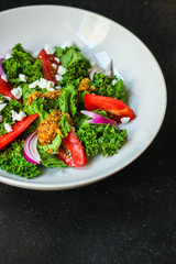 healthy salad vegetables (lettuce, tomato, onion and other ingredients) menu concept. food background. copy space