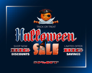 Holiday, design background with handwriting 3d texts, jack o lantern and witch's hat for Halloween, sales and commercial events; Vector illustration