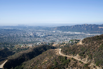 Hilltop view of downtown Glendale and Los Angeles from Verdugo Mountain in Southern California.