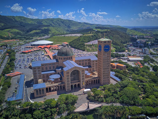 Aerial view of Aparecida Cathedral, São Paulo, Brazil. Sunny day and lush nature.