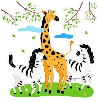 Zebras and giraffe - flat design style illustration