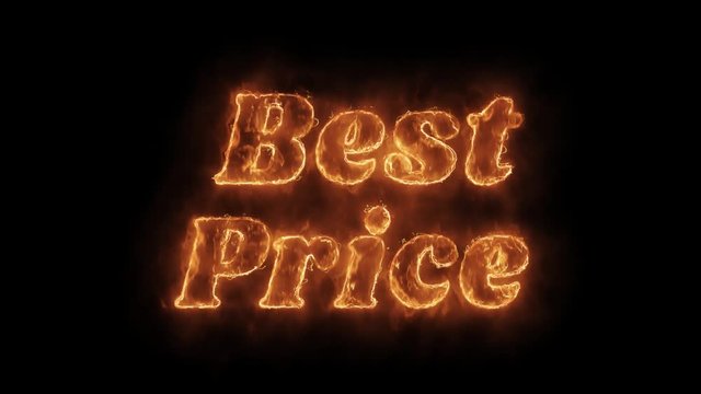 Best Price Word Hot Animated Burning Realistic Fire Flame and Smoke Seamlessly loop Animation on Isolated Black Background. Fire Word, Fire Text, Flame word, Flame Text, Burning Word, Burning Text.