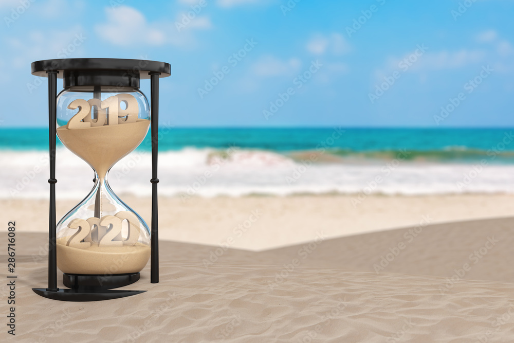 Poster 2020 new year vacation concept. sand falling in hourglass taking the shape from 2019 to 2020 year on