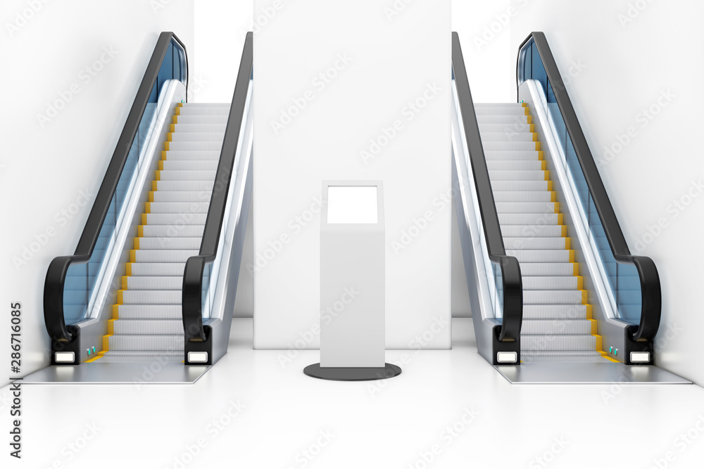 Poster White Information Stands With Touch Screen Display between Modern Luxury Escalators on Indoor Building Shopping Center, Airport or Metro Station. 3d Rendering