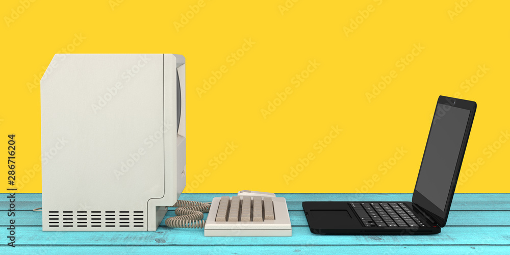 Poster computer technology concept. the system unit, monitor, keyboard and mouse in front of modern laptop 