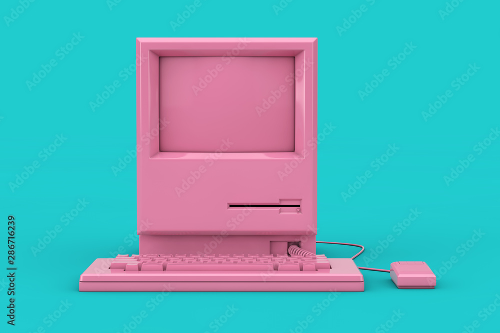 Leinwandbilder Pink Retro Personal Computer. The System Unit, Monitor, Keyboard and Mouse Mock Up Duotone. 3d Rendering
