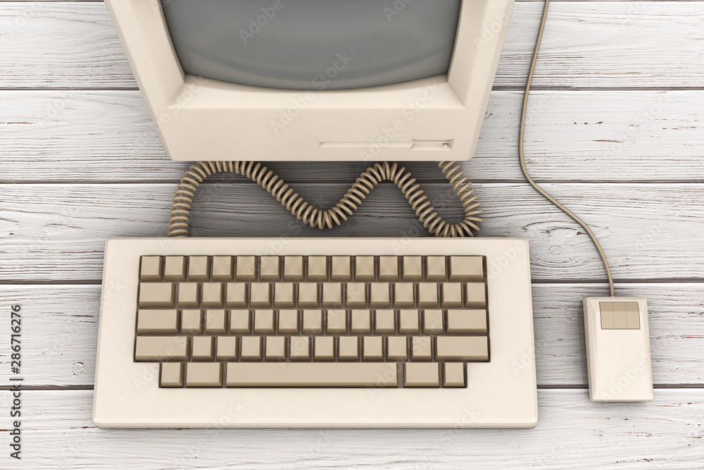 Poster retro personal computer. the system unit, monitor, keyboard and mouse. 3d rendering