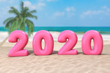 New Year Vacation Concept. Pink 2020 Happy New Year Sign on an Ocean Deserted Coast. 3d Rendering