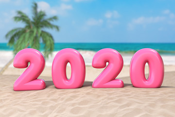 New Year Vacation Concept. Pink 2020 Happy New Year Sign on an Ocean Deserted Coast. 3d Rendering
